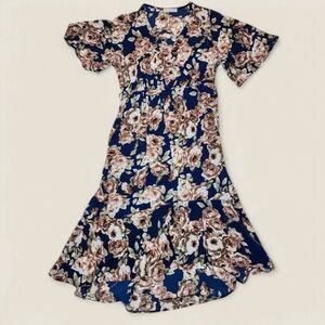 Navy Floral Maxi Dress Flutter‎ Sleeve V-Neck Feminine Boho Garden Party